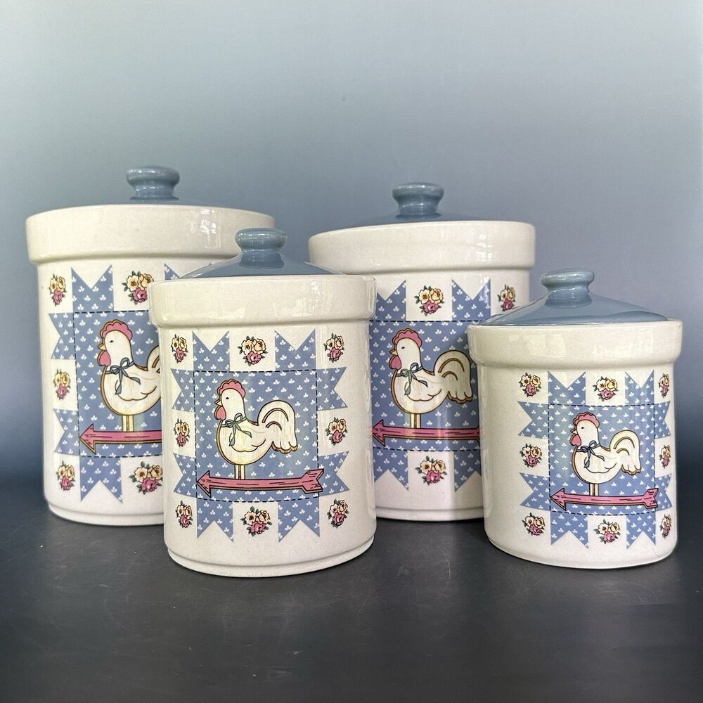 Vintage Rooster Kitchen Canister Set 4 Farmhouse Country Cottagecore Decor Blue